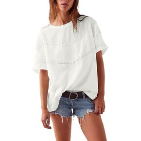 Womens Summer Casual Cotton Tops Lace Crochet Eyelet Shirts Crewneck Short Sleeve Blouses in Saudi Arabia