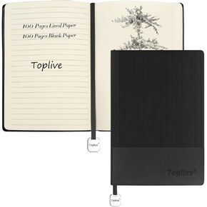 Toplive A5 Journal Notebook Soft Flexible Leather Cover, Premium Thick Lined and Blank Paper Double Layout 8.26" x 5.7" with Metal Bookmark, Black in Kuwait