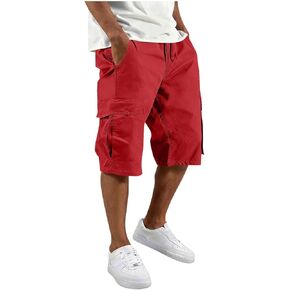 Mens Cargo Shorts Elastic Waist Drawstring Baggy Short Summer Work Casual Solid Sweatpants Shorts with Multi Pockets in Kuwait