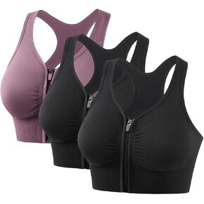 3Pc Sports Bra for Women Zip Front Closure High Impact Support Padded Racerback Workout Bra Plus Size Gym Activewear in Kuwait