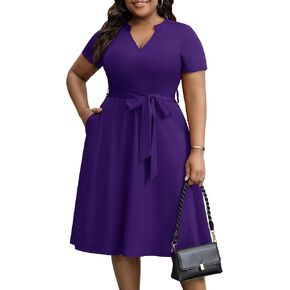 CLOCOR Plus Size Dress for Women - Casual Summer V Neck A-Line Church Cocktail Party Wedding Guest Midi Dresses with Belt in Kuwait
