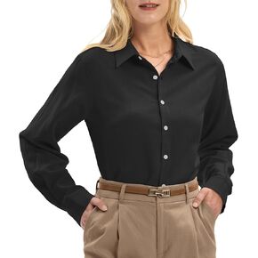 قمصان كتان للنساء ذات مقاس عادي من اللايوسيل وأكمام طويلة، قمصان كاجوال بياقة قابلة للتنفس، مناسبة للعمل in Kuwait