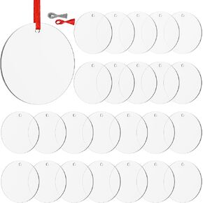 Joyclub 25 Pcs 3'' Clear Acrylic Ornament Blanks Bulk, Round Plastic Circles with Hole & Hanging Wires, Clear Acrylic Discs for Vinyl, Engraving, Painting, Gift Tags & Christmas Tree Decor in Kuwait