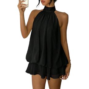 Women Elegant Sleeveless Backless Halter Tie Mini Dress Summer Ruffle Tiered Layered Pleated Chiffon Party Dress in Kuwait