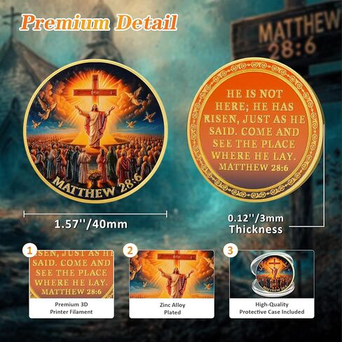 Jesus Cross Christian Challenge Coin - God Matthew 28:6 Scriptures Religious Token - Pocket Bible Verses Love Chip for Study - Inspirational Doves Good Luck Pigeon Gifts for Men Women Kids Coworker in Saudi Arabia