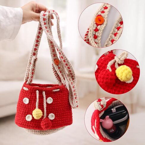Mushroom Crossbody Purse Tote Bag for Women - Gift Bag Cute Adjustable Strap for Crochet Cottagecore Knitted Drawstring Bag in Saudi Arabia