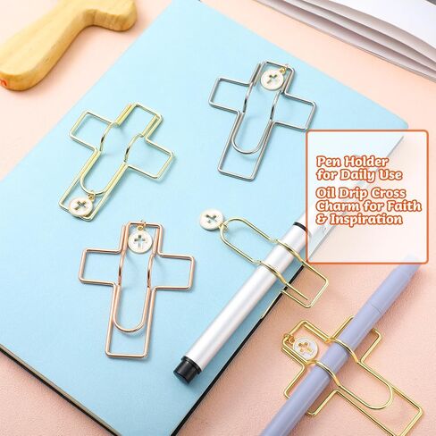 9 عبوات من حامل القلم الورقي المتقاطع مع سحر المينا المتقاطع المعدني على شكل متقاطع لأقلام القلم المرتكزة على الإيمان لأجهزة الكمبيوتر المحمولة والأناجيل والمجلات والمخططين واللوازم المكتبية، ذهبي فضي وردي ذهبي in Kuwait