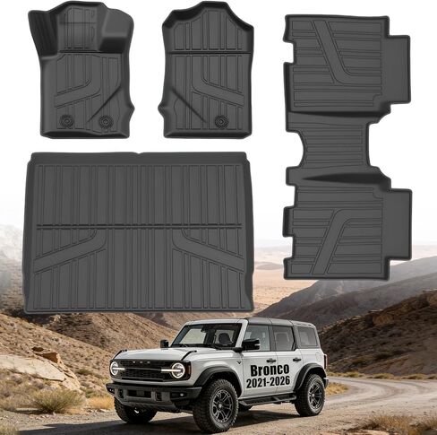 مجموعة سجادات الأرضية وبطانة الحمولة لجميع الأحوال الجوية لسيارة Ford Bronco 2021-2026 4 أبواب، بطانات أرضية TPE مخصصة مع حصيرة صندوق السيارة، ملحقات برونكو للصف الأول والثاني، وليس لنماذج برونكو سبورت والهجينة in Kuwait