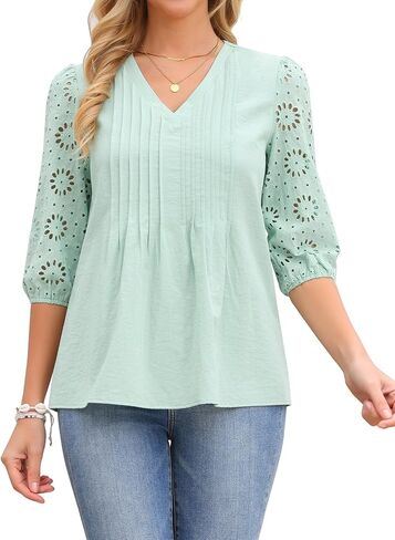Seta T Women's Eyelet Blouse Embroidery 3/4 Sleeve V Neck Peplum Tops Dressy Casual Pleated Loose Fit Shirts in Saudi Arabia