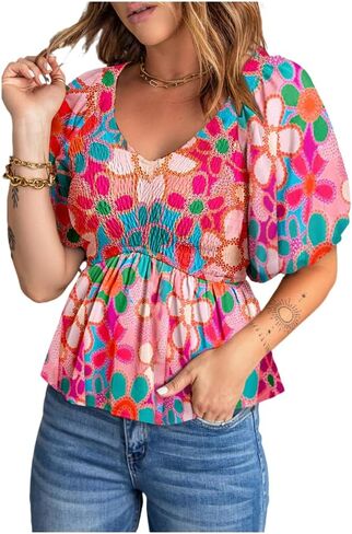 Womens Short Sleeve Tops Tunic Fashion Deep V-Neck Smocked Ruffle Floral Print Loose Fit Flowy Chiffon T Shirt Blouse in Kuwait