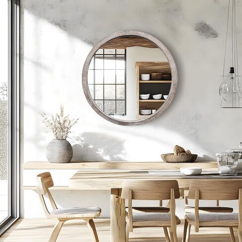 مرآة خشبية مستديرة مقاس 30 بوصة، مرآة خشبية كبيرة، مرايا مستديرة من الخشب الريفي لتزيين الحائط، مرايا حائط دائرية للمدخل، غرفة المعيشة، إطار أبيض مغسول in Kuwait