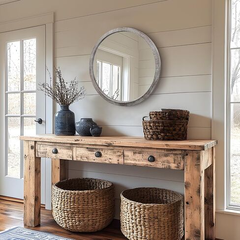 مرآة خشبية مستديرة مقاس 30 بوصة، مرآة خشبية كبيرة، مرايا مستديرة من الخشب الريفي لتزيين الحائط، مرايا حائط دائرية للمدخل، غرفة المعيشة، إطار أبيض مغسول in Kuwait