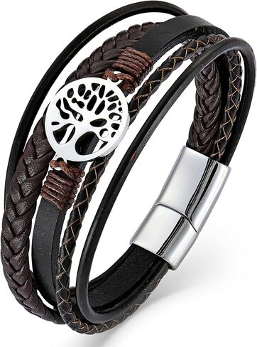 Mens Leather Multi-Strand Bracelet Stainless Steel Tree of Life Braided Jewelry with silver/black/gold/coffee color in Kuwait