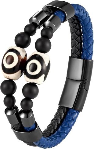 Mens Leather Bracelet Black Onyx Protection Healing Stone Bead Bracelet for Men Stainless Steel Evil Eye Clasp Cuff Bracelets Jewelry in Kuwait