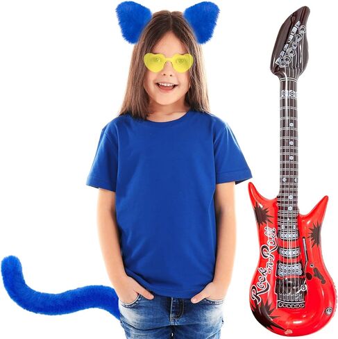 4PCS Blue Cat Costume Set Blue Cat Ears And Tail Yellow Glasses Inflatable Red Guitar for Halloween Cosplay Book Day Dress Up Party in Kuwait