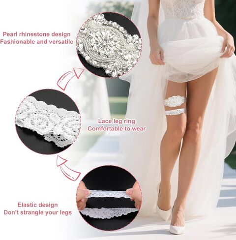Wedding Garters for Bride, 2 Pieces Stretch Lace Garters Bridal Leg Garter Set for Bride with Rhinestones Pearl Wedding Prom Accessories in Kuwait