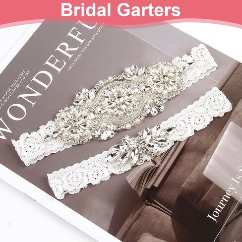 Wedding Garters for Bride, 2 Pieces Stretch Lace Garters Bridal Leg Garter Set for Bride with Rhinestones Pearl Wedding Prom Accessories in Kuwait