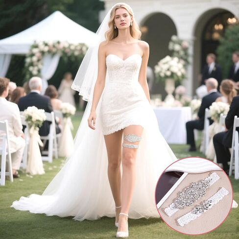 Wedding Garters for Bride, 2 Pieces Stretch Lace Garters Bridal Leg Garter Set for Bride with Rhinestones Pearl Wedding Prom Accessories in Kuwait