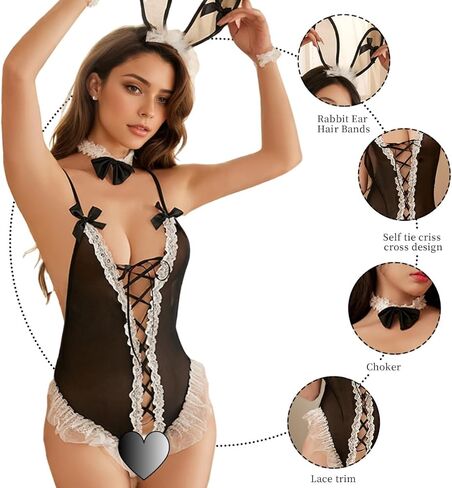 مجموعة ملابس داخلية تنكري على شكل أرنب للنساء بدلة قطعة واحدة مثيرة متقاطعة من الرسوم المتحركة شفافة من خلال ملابس لعب الأدوار على شكل أرنب in Kuwait
