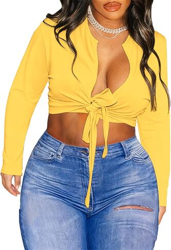 LovelyWholesale Long Sleeve Crop Tops for Women Sexy Tie Front Top Deep V Neck T Shirts Clubwear in Kuwait