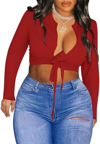 LovelyWholesale Long Sleeve Crop Tops for Women Sexy Tie Front Top Deep V Neck T Shirts Clubwear in Saudi Arabia