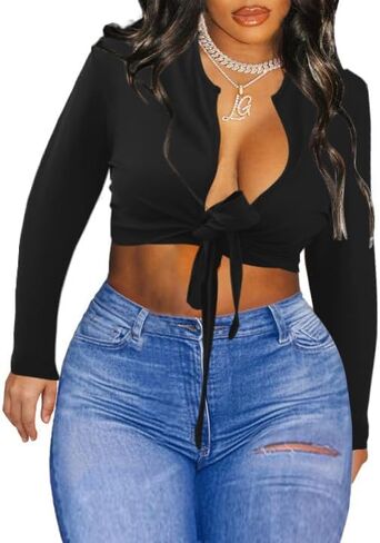 LovelyWholesale كم طويل قمم المحاصيل للنساء مثير التعادل الجبهة الأعلى العميق الخامس الرقبة تي شيرت Clubwear in Kuwait