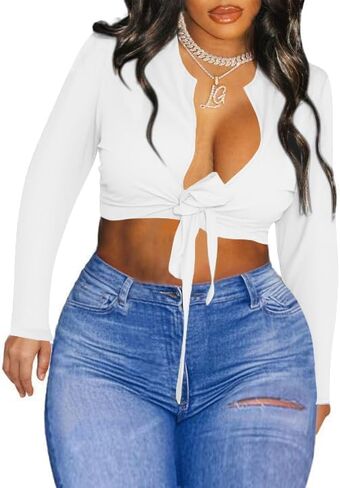 LovelyWholesale كم طويل قمم المحاصيل للنساء مثير التعادل الجبهة الأعلى العميق الخامس الرقبة تي شيرت Clubwear in Kuwait