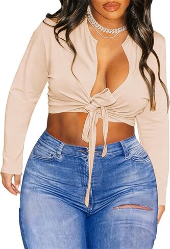 LovelyWholesale كم طويل قمم المحاصيل للنساء مثير التعادل الجبهة الأعلى العميق الخامس الرقبة تي شيرت Clubwear in Kuwait