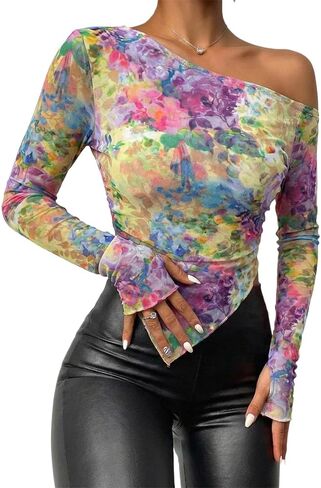 CHICME Womens Floral Mesh Long Sleeve Tops Off Shoulder See Through Fitted Asymmetrical Sexy Sheer Going Out Blouses in Kuwait