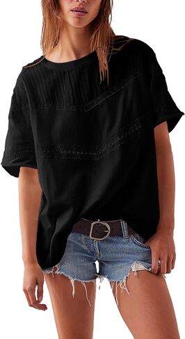 المرأة الصيف عارضة القطن قمم الدانتيل الكروشيه العيينة القمصان Crewneck قصيرة الأكمام البلوزات in Kuwait