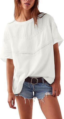 Womens Summer Casual Cotton Tops Lace Crochet Eyelet Shirts Crewneck Short Sleeve Blouses in Saudi Arabia