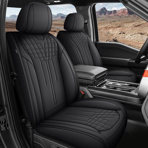 أغطية مقاعد Ford F150 2009-2026 F250/F350/F450 2017-2026 أغطية مقاعد السيارة الجلدية مجموعة كاملة من أغطية مقاعد السيارة لطاقم الكابينة XL XLT Lariat King Ranch Platinum مع دعم قطني (5 مقاعد، أسود ورمادي) in Kuwait