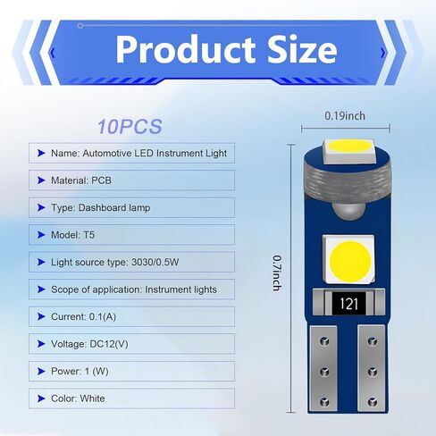 10 قطع من مصابيح LED للسيارة، T5 3030 3SMD ضوء قاعدة إسفين، 12 فولت فائق السطوع 74 37 27 17 2721 مصابيح بديلة للوحة لوحة قيادة السيارة، عالمية لمعظم السيارات (أبيض) in Kuwait