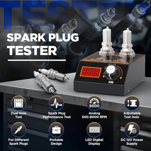 Spark Plug Tester, Automotive Engine Ignition Coil Tester Analyzer Dual Holes 500-9000RPM Adjustable Working Frequency & Hole Height, Spark Tester Tool for 12V Gasoline Vehicles, Motorcycle in Kuwait