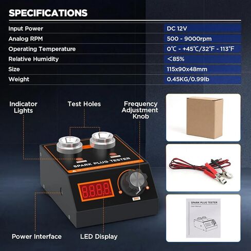 Spark Plug Tester, Automotive Engine Ignition Coil Tester Analyzer Dual Holes 500-9000RPM Adjustable Working Frequency & Hole Height, Spark Tester Tool for 12V Gasoline Vehicles, Motorcycle in Kuwait
