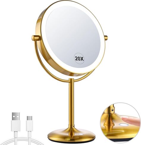 مرآة مكياج بإضاءة ذهبية قابلة لإعادة الشحن مقاس 9 بوصات مع تكبير 20X/1X، مرآة مكبرة مع قاعدة شحن ومفتاح، مرآة مكياج مع 3 أضواء خافتة الألوان لخزانة الملابس والحمام in Kuwait