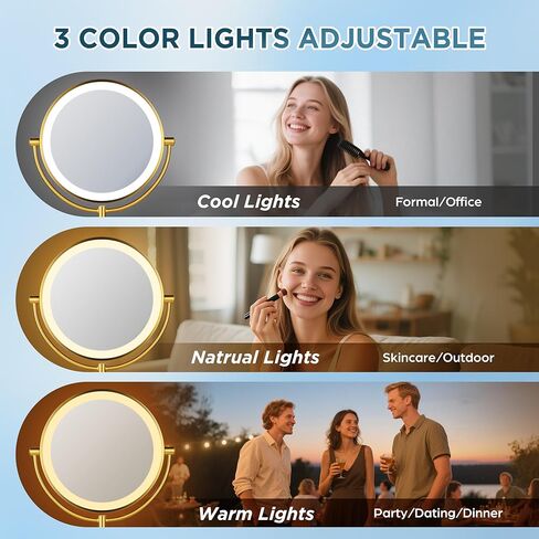 مرآة مكياج بإضاءة ذهبية قابلة لإعادة الشحن مقاس 9 بوصات مع تكبير 20X/1X، مرآة مكبرة مع قاعدة شحن ومفتاح، مرآة مكياج مع 3 أضواء خافتة الألوان لخزانة الملابس والحمام in Kuwait