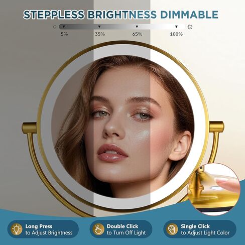 مرآة مكياج بإضاءة ذهبية قابلة لإعادة الشحن مقاس 9 بوصات مع تكبير 20X/1X، مرآة مكبرة مع قاعدة شحن ومفتاح، مرآة مكياج مع 3 أضواء خافتة الألوان لخزانة الملابس والحمام in Kuwait