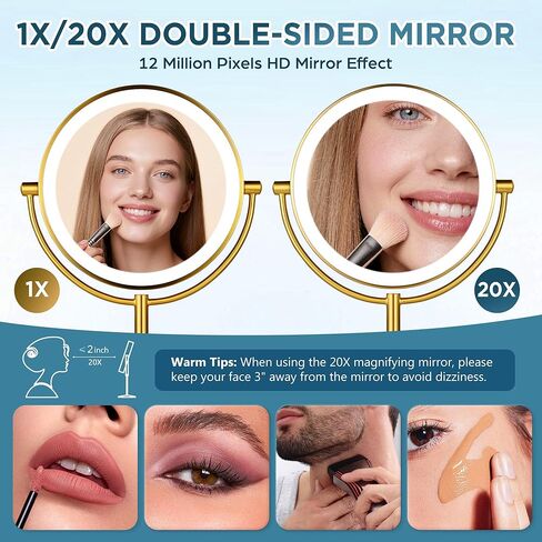 مرآة مكياج بإضاءة ذهبية قابلة لإعادة الشحن مقاس 9 بوصات مع تكبير 20X/1X، مرآة مكبرة مع قاعدة شحن ومفتاح، مرآة مكياج مع 3 أضواء خافتة الألوان لخزانة الملابس والحمام in Kuwait