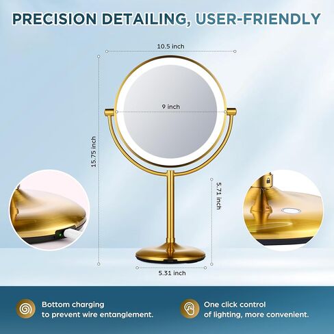 مرآة مكياج بإضاءة ذهبية قابلة لإعادة الشحن مقاس 9 بوصات مع تكبير 20X/1X، مرآة مكبرة مع قاعدة شحن ومفتاح، مرآة مكياج مع 3 أضواء خافتة الألوان لخزانة الملابس والحمام in Kuwait