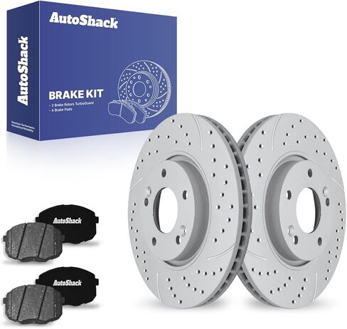AutoShack Front Vented Drilled & Slotted Silver Zinc Coated Brake Rotors + Ceramic Pads 6-PC Brake Kit Replacement for 2010-2013 Kia Forte 2010-2013 Kia Forte Koup SilverShield Pro 11.02" (280 mm) in Saudi Arabia