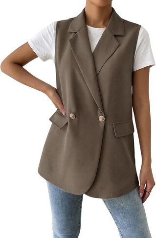 GORGLITTER Women's Long Vest Sleeveless Button Up Work Office Cardigan Blazer Vest in Kuwait