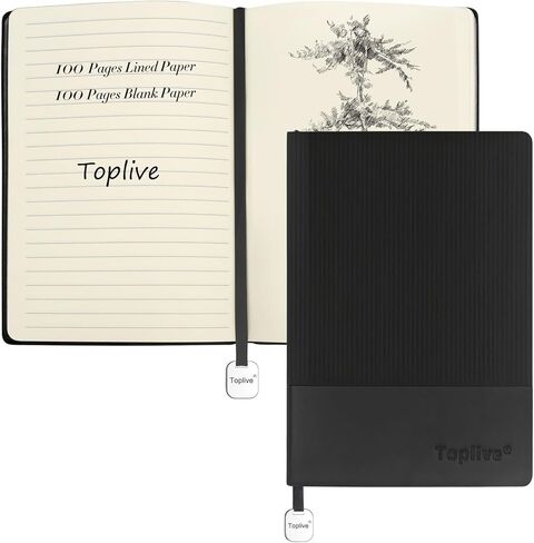 Toplive A5 Journal Notebook Soft Flexible Leather Cover, Premium Thick Lined and Blank Paper Double Layout 8.26" x 5.7" with Metal Bookmark, Black in Kuwait