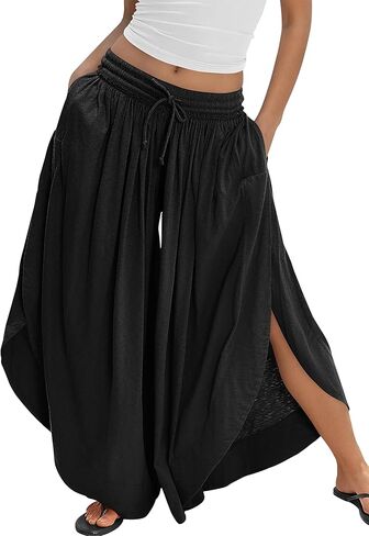 Wide Leg Pants for Women Split Side Flowy Palazzo Pants Boho Summer Beach Casual Trousers Skirt Pants with Pockets 2026 in Kuwait