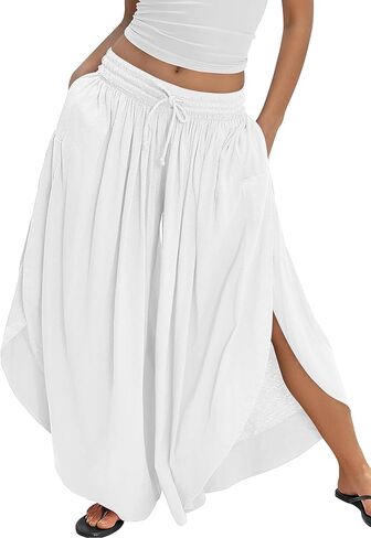 Wide Leg Pants for Women Split Side Flowy Palazzo Pants Boho Summer Beach Casual Trousers Skirt Pants with Pockets 2026 in Saudi Arabia