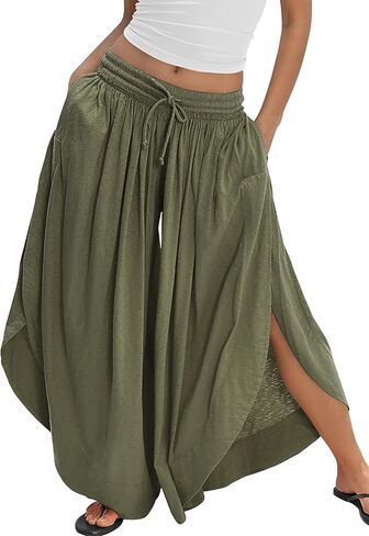 Wide Leg Pants for Women Split Side Flowy Palazzo Pants Boho Summer Beach Casual Trousers Skirt Pants with Pockets 2026 in Saudi Arabia
