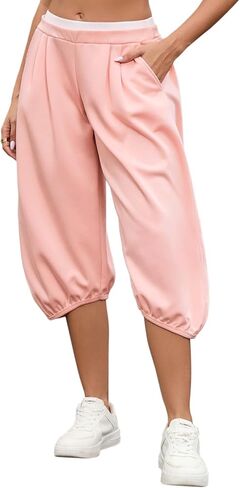 بيرفاشون النساء كابري Sweatpants ركض مزدوجة الخصر برميل الحريم بالون اقتصاص السراويل صالة اليوغا مع جيوب in Saudi Arabia