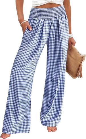 CHOUYATOU Women's Retro Plaid Wide Leg Pants Gingham Smocked High Waisted Dressy Palazzo Pants Trousers with Pockets in Saudi Arabia