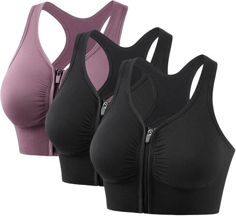 3Pc Sports Bra for Women Zip Front Closure High Impact Support Padded Racerback Workout Bra Plus Size Gym Activewear in Kuwait