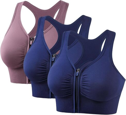 3Pc Sports Bra for Women Zip Front Closure High Impact Support Padded Racerback Workout Bra Plus Size Gym Activewear in Saudi Arabia
